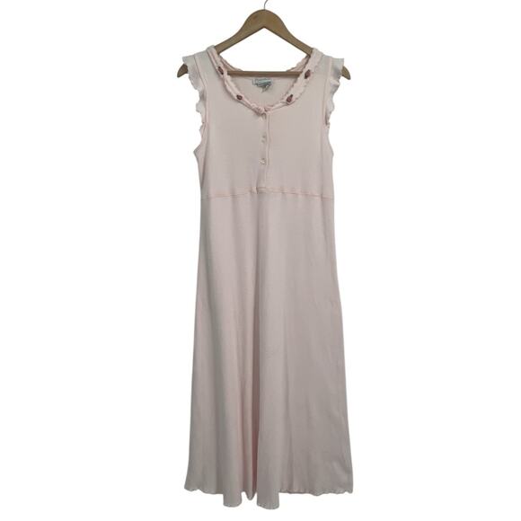 Vintage 90s Coquette Pink Ribbed Lettuce Hem Rosette Cotton Dress Medium - Picture 1 of 4